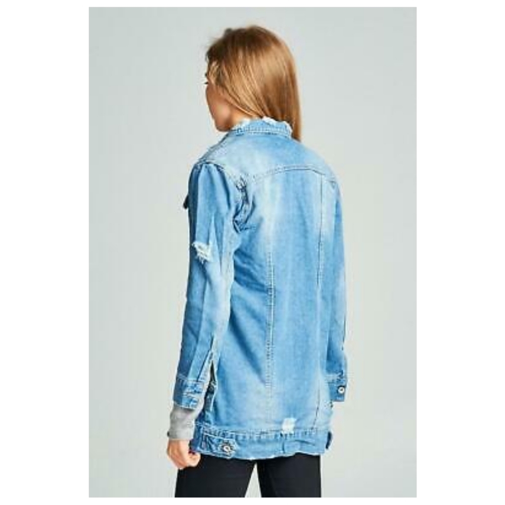 Distressed Long Denim Jacket - image 4